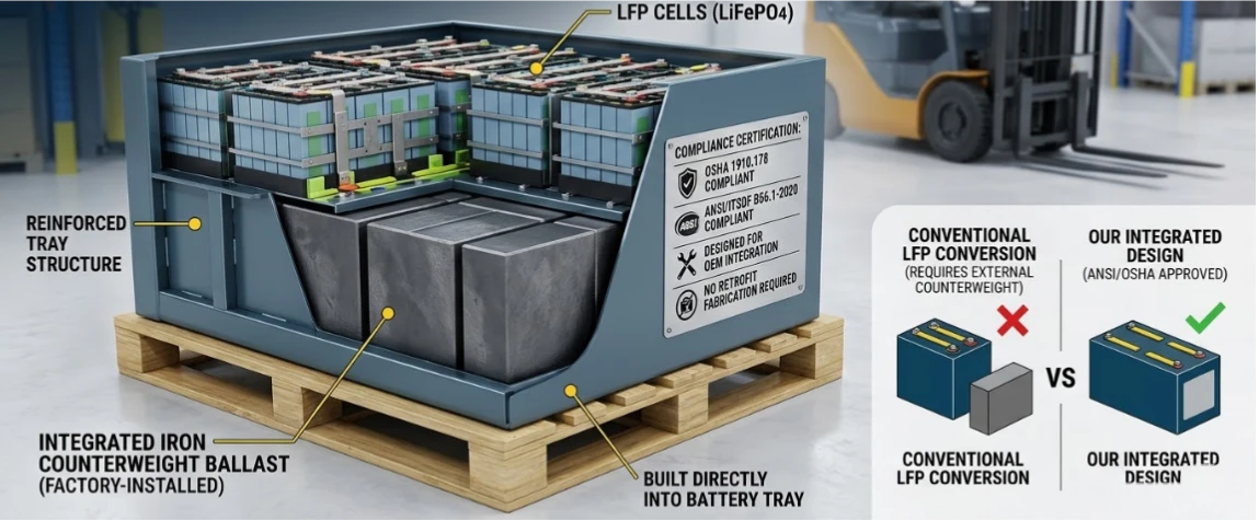 Lithium-iron-phosphate forklift battery pack featuring integrated iron counterweight ballast built directly into the battery tray to meet OSHA and ANSI B56.1-2020 compliance without retrofit fabrication Lithium-iron-phosphate forklift battery pack featuring integrated iron counterweight ballast built directly into the battery tray to meet OSHA and ANSI B56.1-2020 compliance without retrofit fabrication